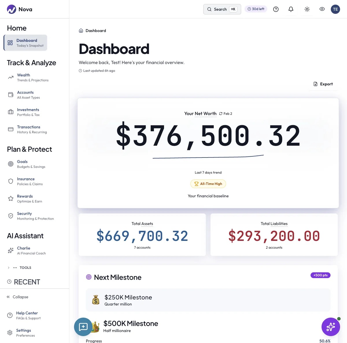 Nova Net Worth dashboard showing net worth tracking, asset allocation, and account balances